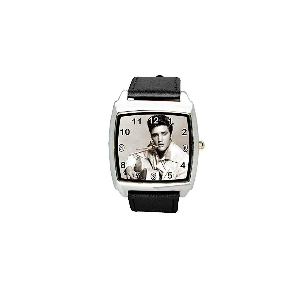 Elvis Presley Music Legend Quartz Square Watch Real Leather Band E4 Dial  Black