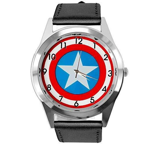 Captain America Quartz Watch Marvel Real Leather Band   Black