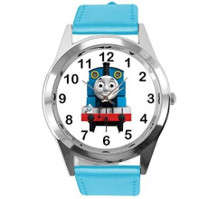 Watch Analogue Quartz with Real Leather Band Blue Round for Thomas The Train Fans