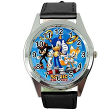Quartz Watch with Black Leather Band - Round Dial, Stainless Steel Case, Sonic the Hedgehog Fans E2