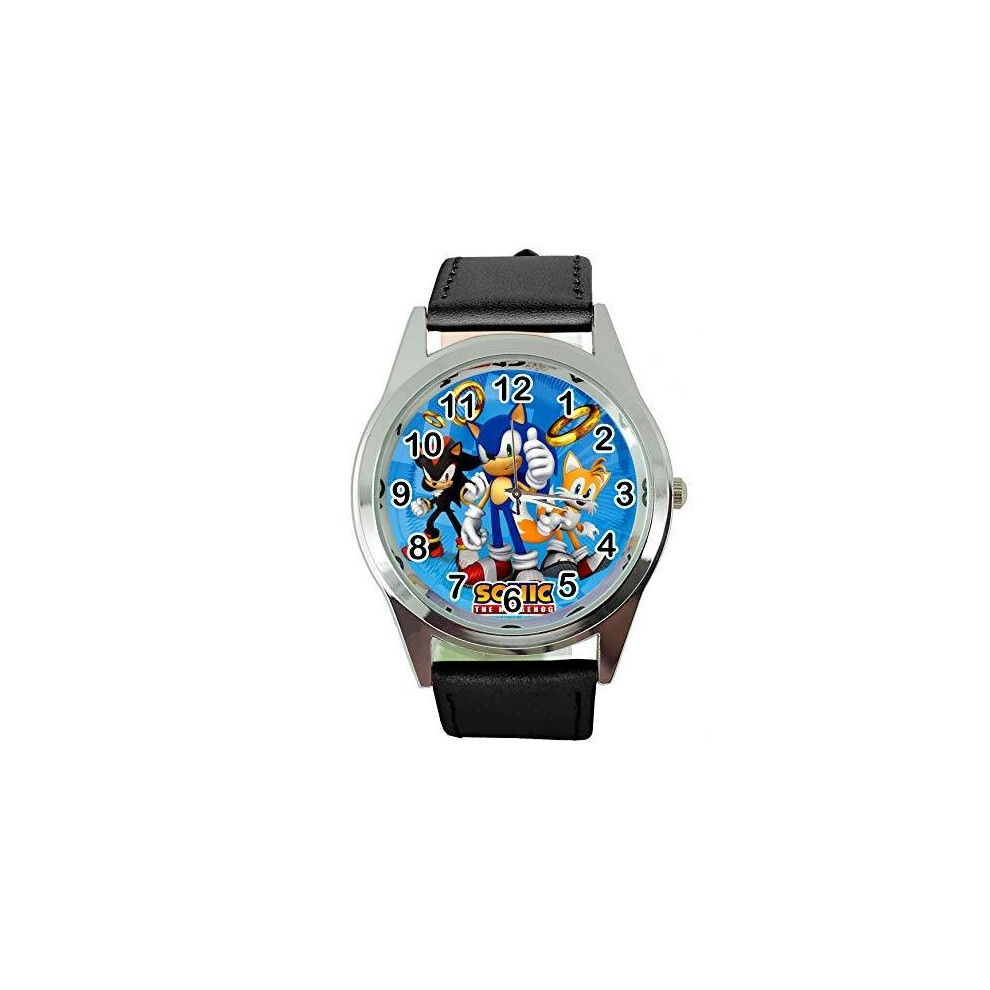 Quartz Watch Black Leather Band Round for Sonic The Hedgehog Fans E2