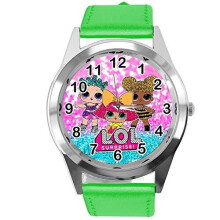 Watch Analogue Quartz with Real Leather Band Green Round for LOL Dolls Fans