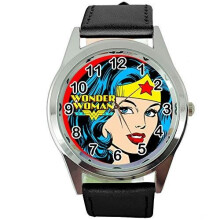 Black Real Leather Quartz Round SCI FI Watch for Wonder Woman Fans