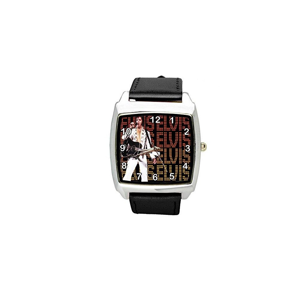 Elvis Presley Vegas Music Legend Quartz Square Watch Real Leather Band Dial  Black