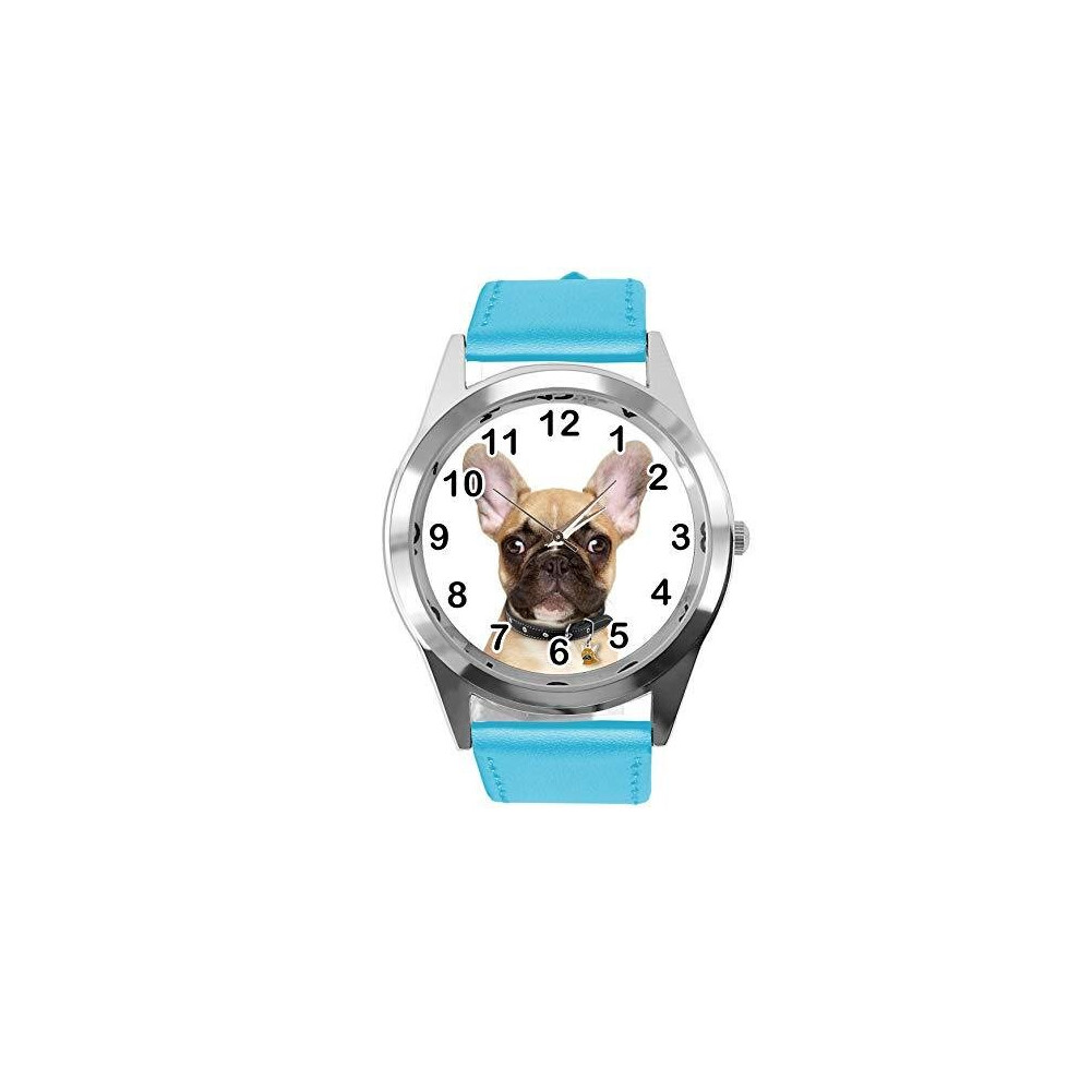 Photos - Wrist Watch Watch Analogue Quartz with Real Leather Band Blue Round for French Bulldog Fans