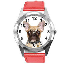 Watch Analogue Quartz with Real Leather Band RED Round for French Bulldog Fans