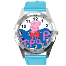 Quartz Watch Blue Leather Band Round for Peppa Pig Fans