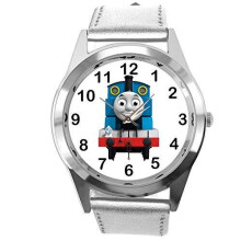 Watch Analogue Quartz with Real Leather Band Silver Round for Thomas The Train Fans