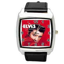 Elvis Presley Music Legend Quartz Square Watch Real Leather Black Band E5 Dial Black