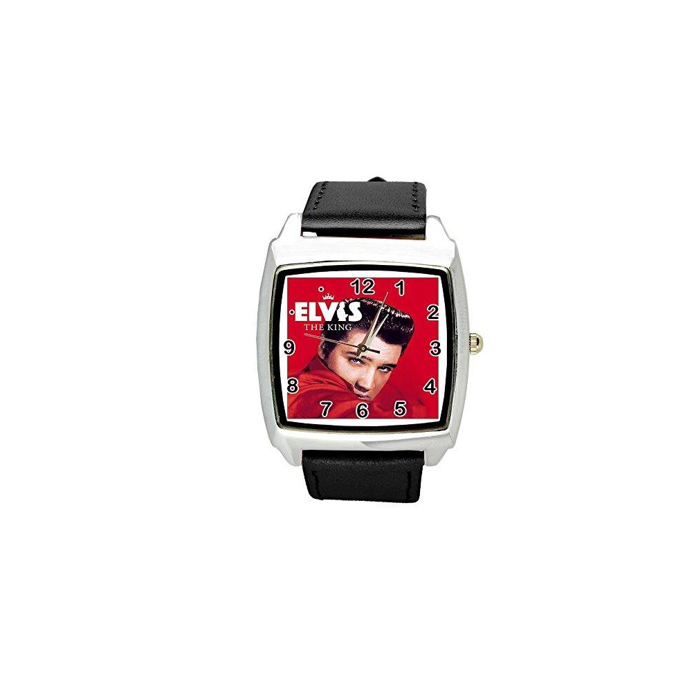 Taport Elvis Presley Music Legend Quartz Square Watch Real Leather Band E5 Dial Black