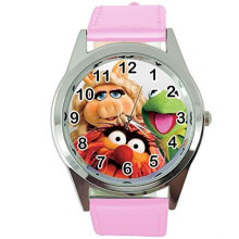 Quartz Watch Pink Leather Band Round for Muppets Fans