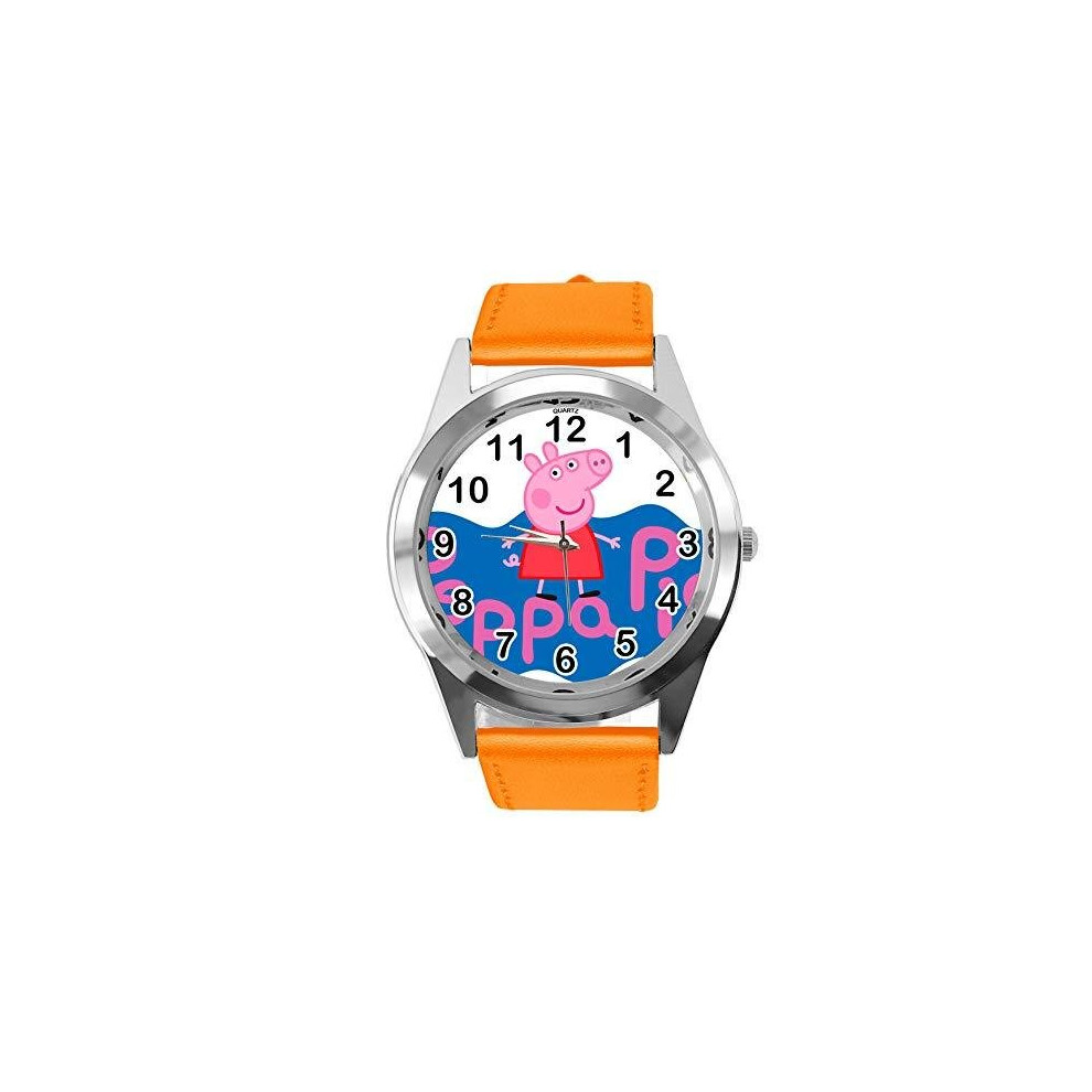 Quartz Watch Orange Leather Band Round for Peppa Pig Fans