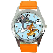 Tom and Jerry Quartz Round SCI FI Watch Orange Real Leather Band