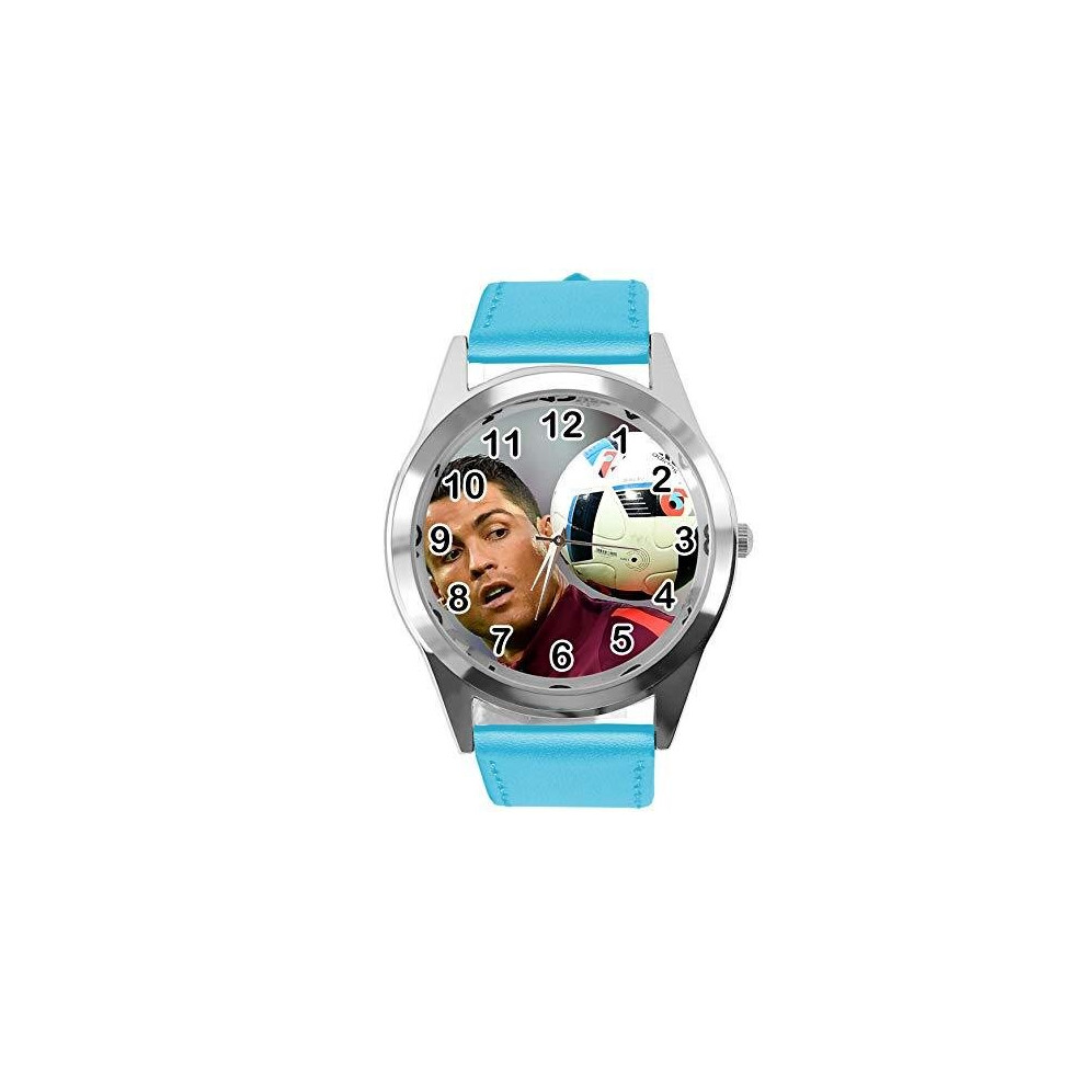 Taport Stylish Blue Leather-Band Quartz Watch For Ronaldo Fans — Stainless Steel Case, 24Cm Band, 3.5Cm Dial