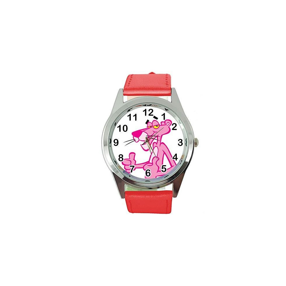 Taport The Pink Panther Quartz Round Sci Fi Watch Real Leather Band Red