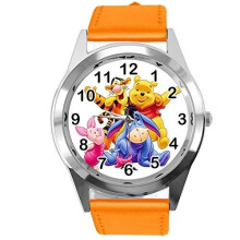 Quartz Watch Orange Leather Band Round for Winnie The Pooh Fans