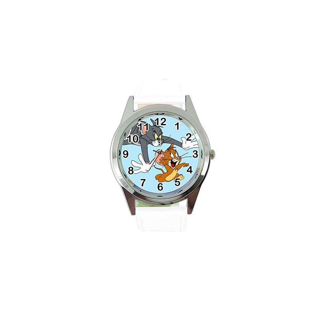 White Leather Round Watch for Tom and Jerry Fans