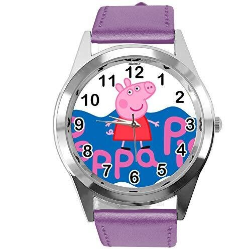Quartz Watch Violet Leather Band Round for Peppa Pig Fans
