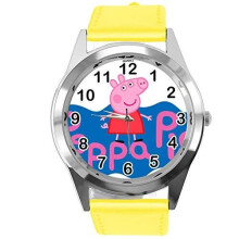 Quartz Watch Yellow Leather Band Round for Peppa Pig Fans