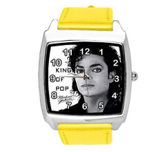 Watch Analogue Quartz with Real Leather Band Yellow Square for Michael Jackson Fans E2