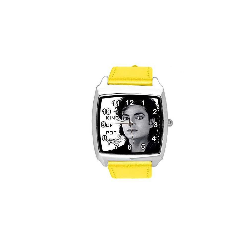 Taport Watch Analogue Quartz With Real Leather Band Square For Michael Jackson Fans E2 Yellow