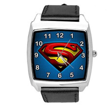 Quartz Watch Black Leather Band Square for Superman Fans