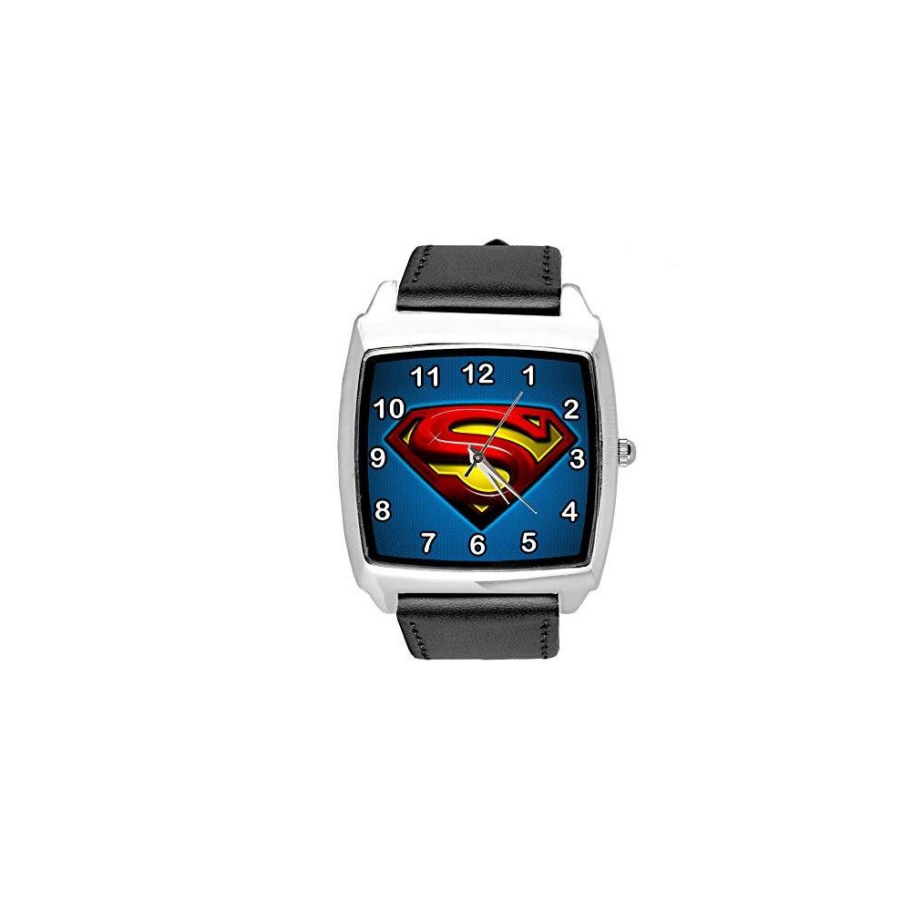 Taport Quartz Watch Leather Band Square For Superman Fans Black