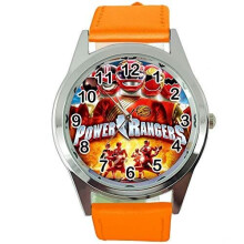 Power Rangers Quartz Round Watch with Orange Leather Band, Stainless Steel Case, 24cm Band | Free Gift Bag