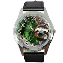 Lazy Sloth Black Leather Band Quartz Watch - Stainless Steel Case, 24cm Strap, 3.5cm Dial, Free Gift Bag