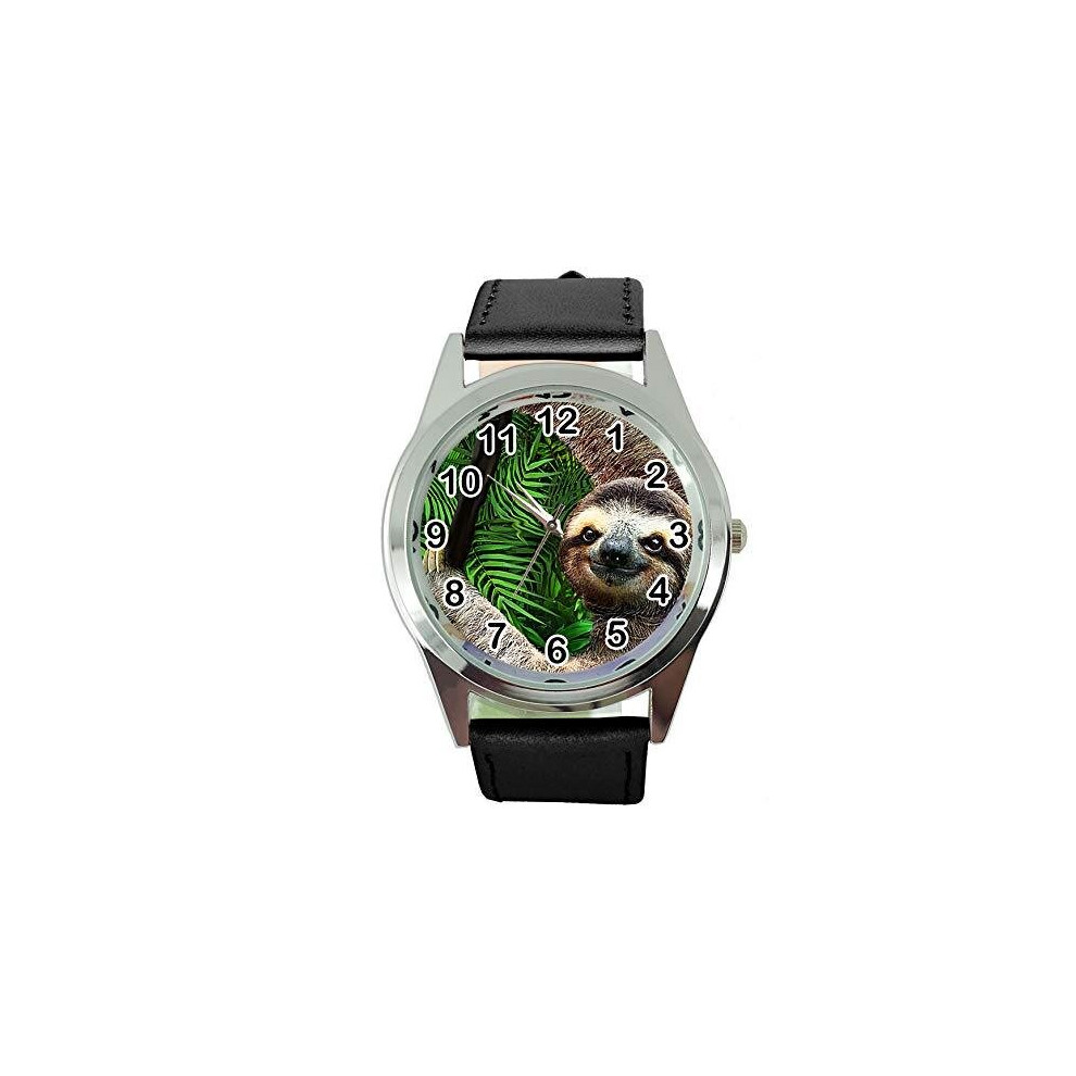 Lazy Sloth Black Leather Band Quartz Watch