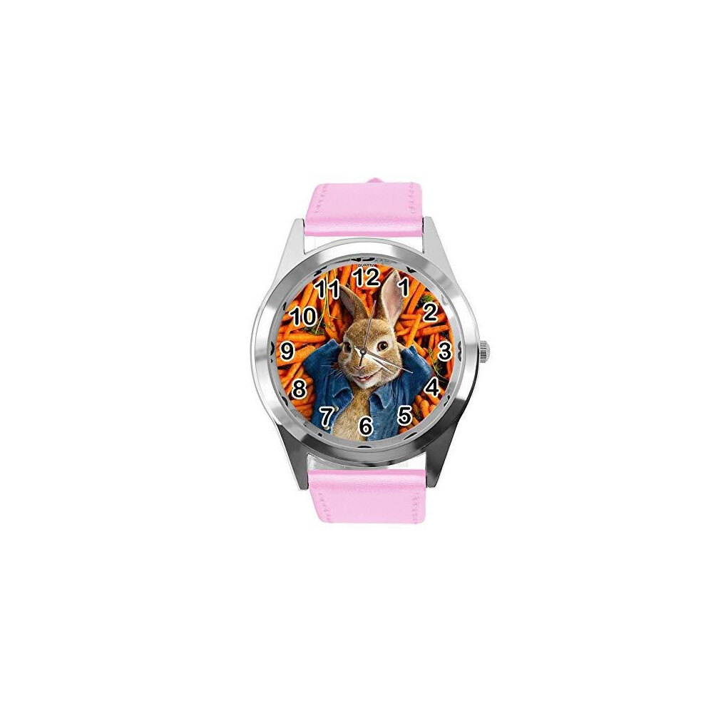 Quartz Pink Leather Band Round Watch for Peter Rabbit Fans