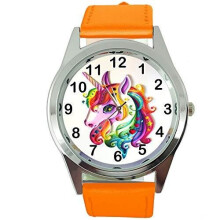 Womens Watch Analogue Quartz with Real Leather Band Orange Round Unicorn E1