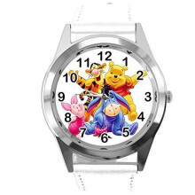Quartz Watch White Leather Band Round for Winnie The Pooh Fans