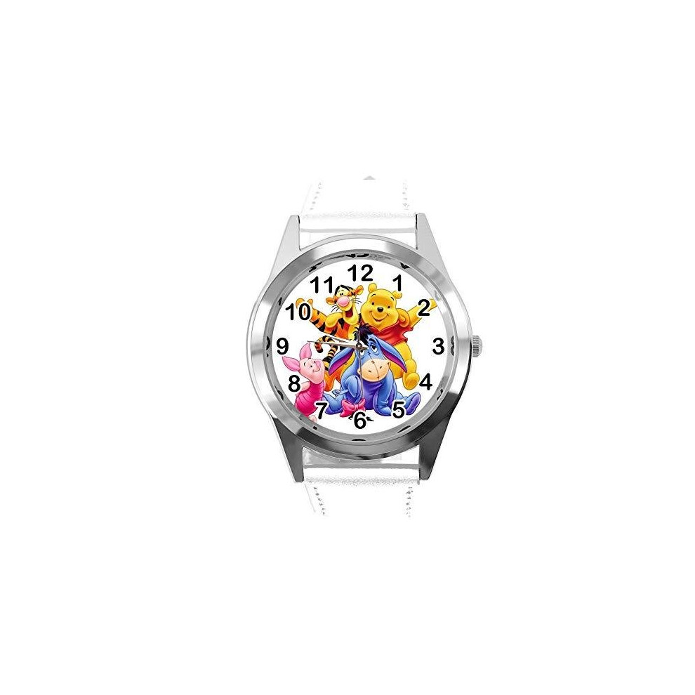 Quartz Watch White Leather Band Round for Winnie The Pooh Fans