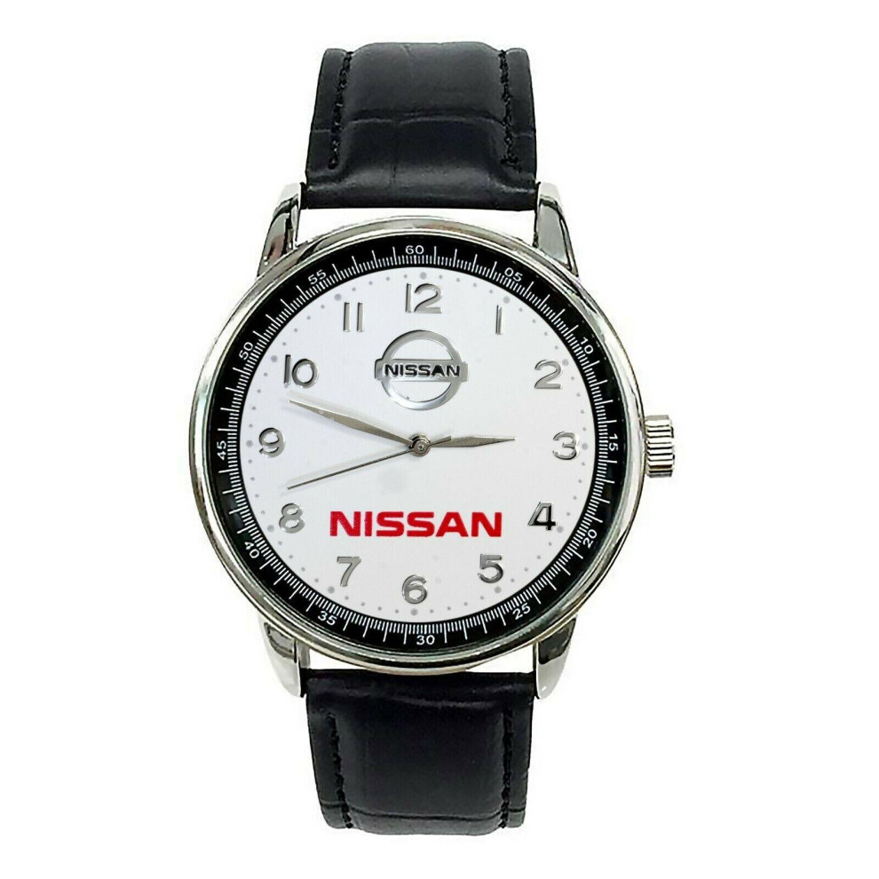 NISSAN Mens Stainless Steel WHITE Dial Black Leather Strap Sport CAR Watch