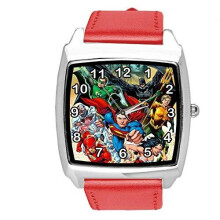 Quartz Watch RED Leather Band Square for Fan of DC Justice League Superheroes