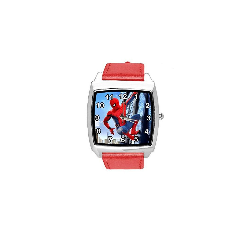 Taport Quartz Watch Leather Band Square For Spiderman Fans E2 Red