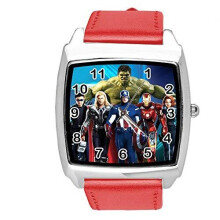 Quartz Watch RED Leather Band Square for Fan of Marvel Universe