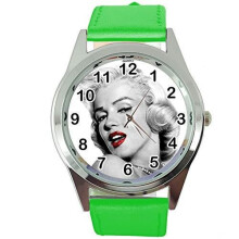Womens Watch Analogue Quartz with Real Leather Band Green Round Marilyn Monroe