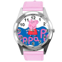 Quartz Watch Pink Leather Band Round for Peppa Pig Fans