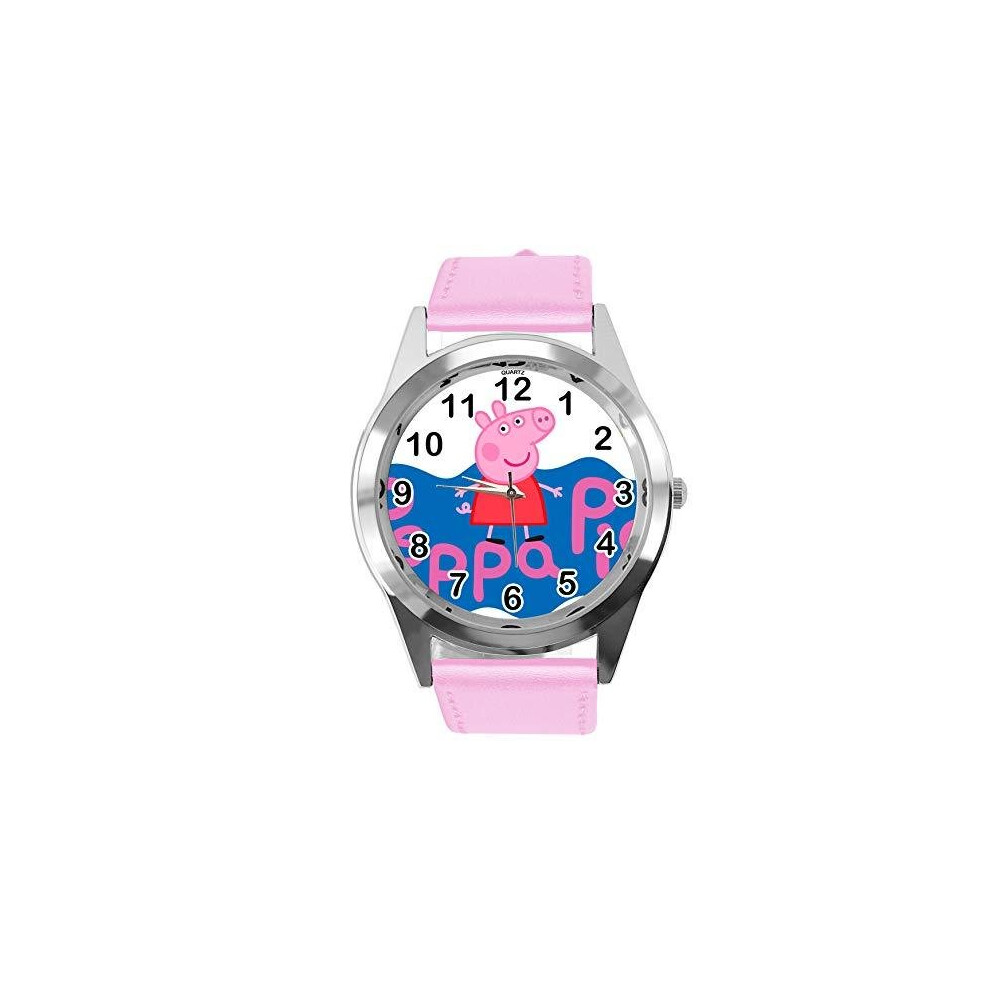 Quartz Watch Pink Leather Band Round for Peppa Pig Fans