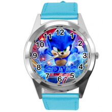 Blue Round Sonic the Hedgehog Fans Watch (E4) - Leather Strap, Stainless Steel Case, Quartz Movement