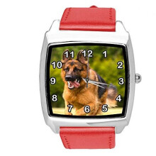 Quartz Watch RED Leather Band Square with German Shepherd