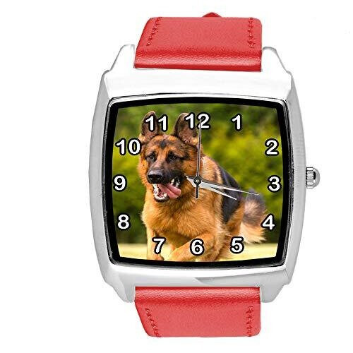 Quartz Watch RED Leather Band Square with German Shepherd