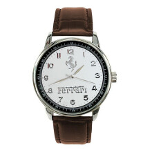 FERRARI Mens Stainless Steel WHITE Dial BROWN Leather Strap Sport CAR Watch