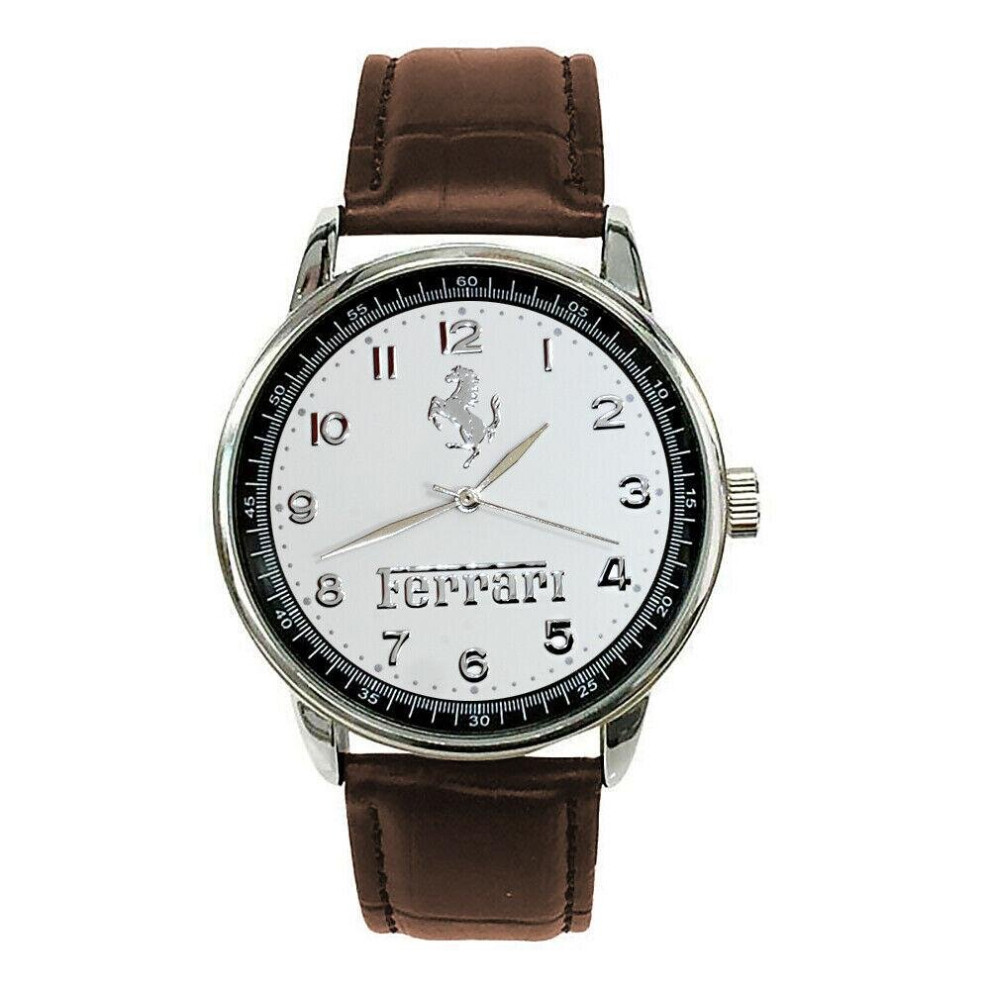 FERRARI Mens Stainless Steel WHITE Dial BROWN Leather Strap Sport CAR Watch