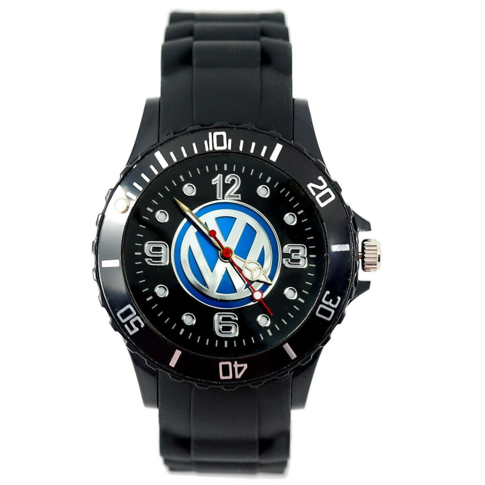 VW VOLKSWAGEN Mens SILICONE Black CHROME Dial Sport RACING CAR Watch RELOJ UHR