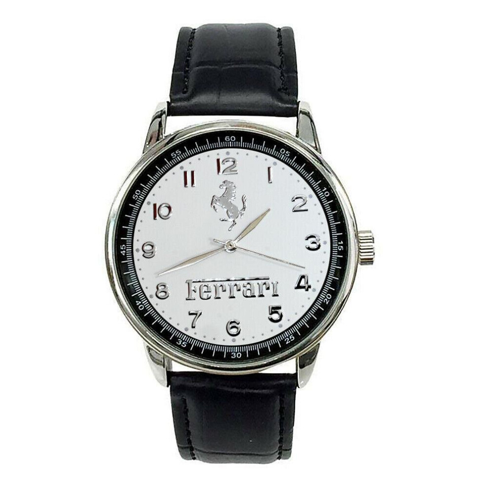 FERRARI Mens Stainless Steel WHITE Dial Black Leather Strap Sport CAR Watch