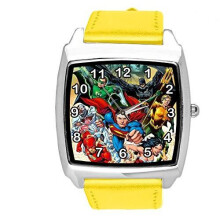 Quartz Watch Yellow Leather Band Square for Fan of DC Justice League Superheroes