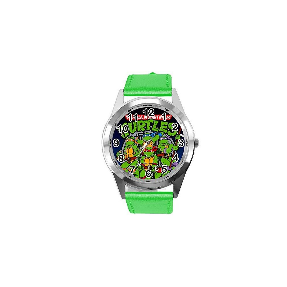 Quartz Watch Green Leather Band Round for Teenage Mutant Ninja Turtles Fans